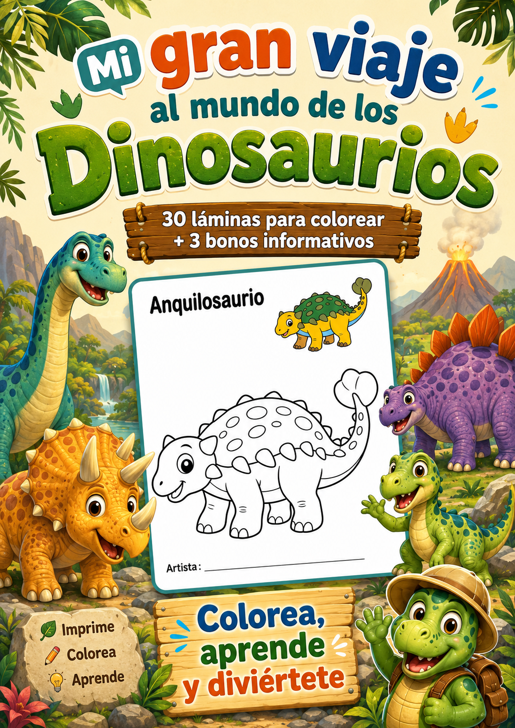 30 láminas de dinosaurios para colorear + 3 bonos educativos