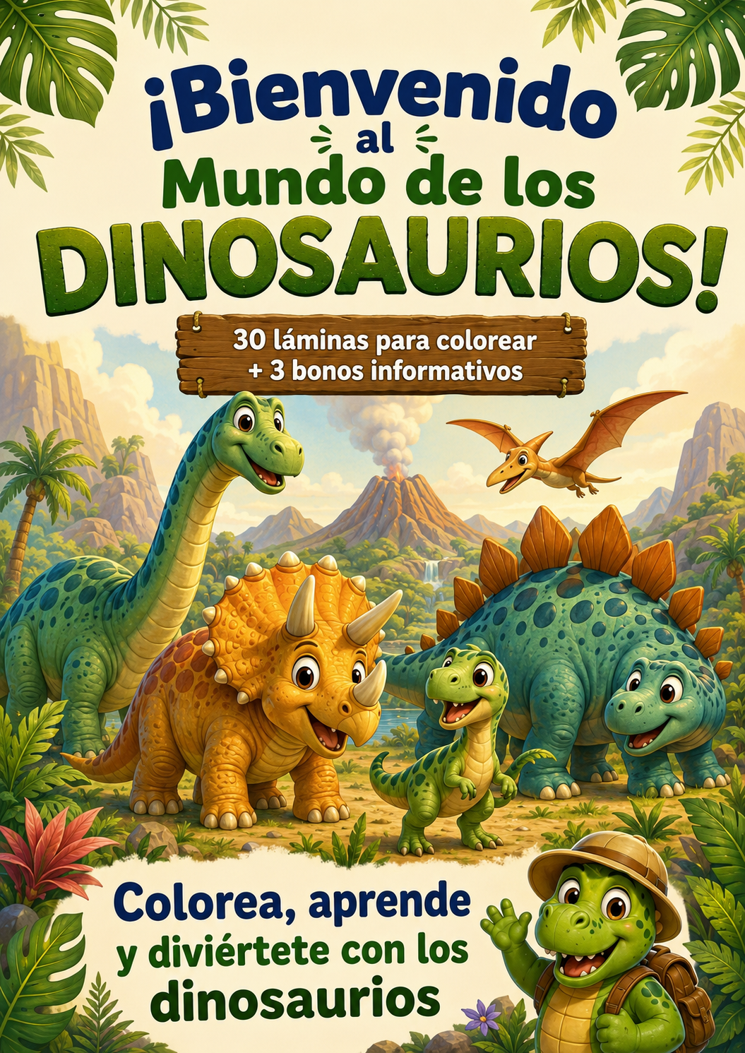 30 láminas de dinosaurios para colorear + 3 bonos educativos